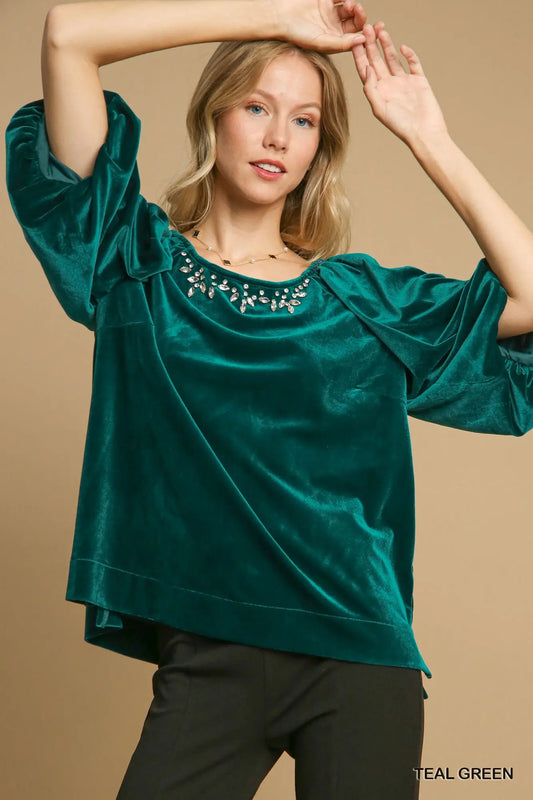 Velvet Top with Rhinestone Detail