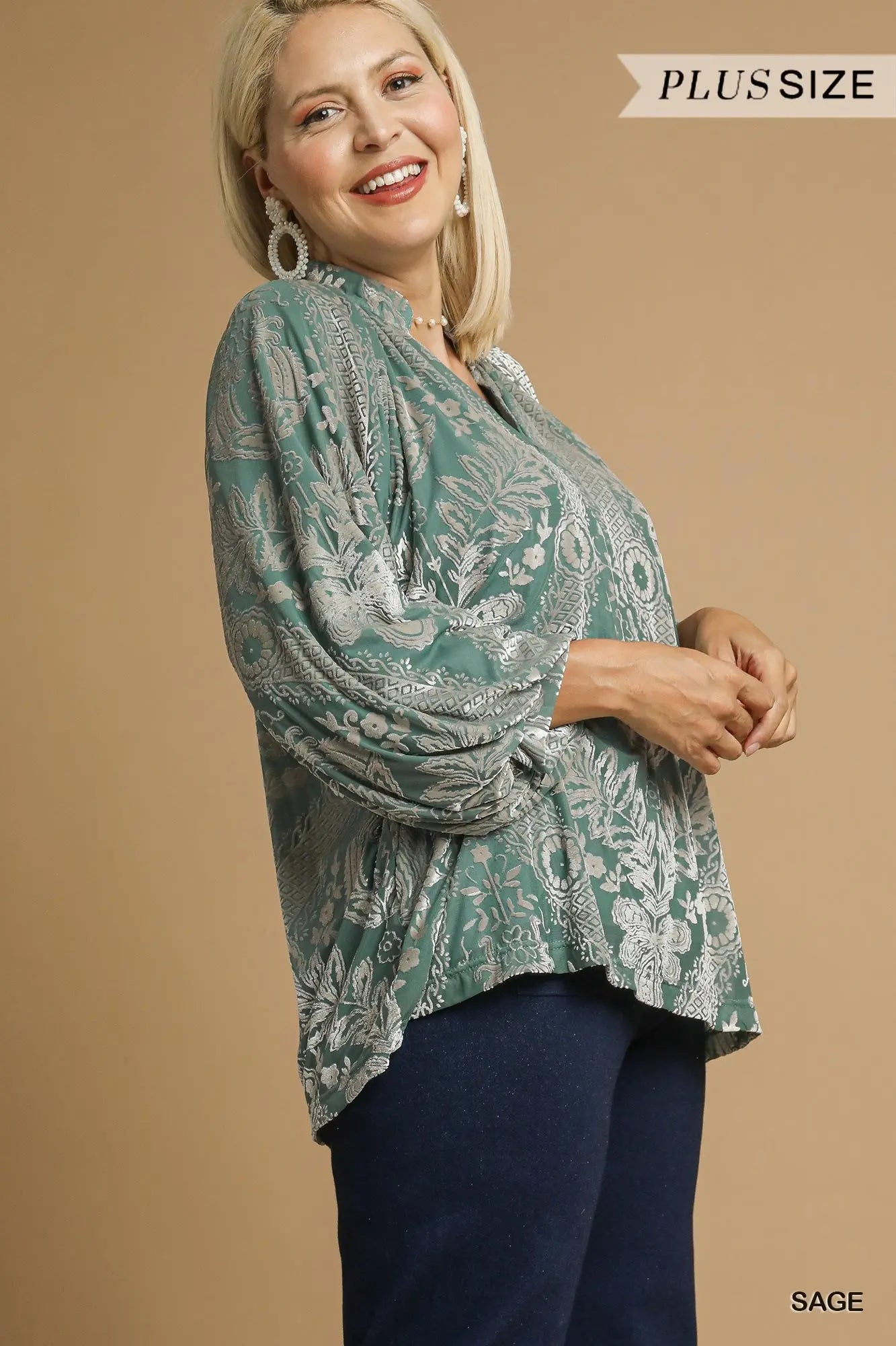 Damask Print Velvet Split Neck Top