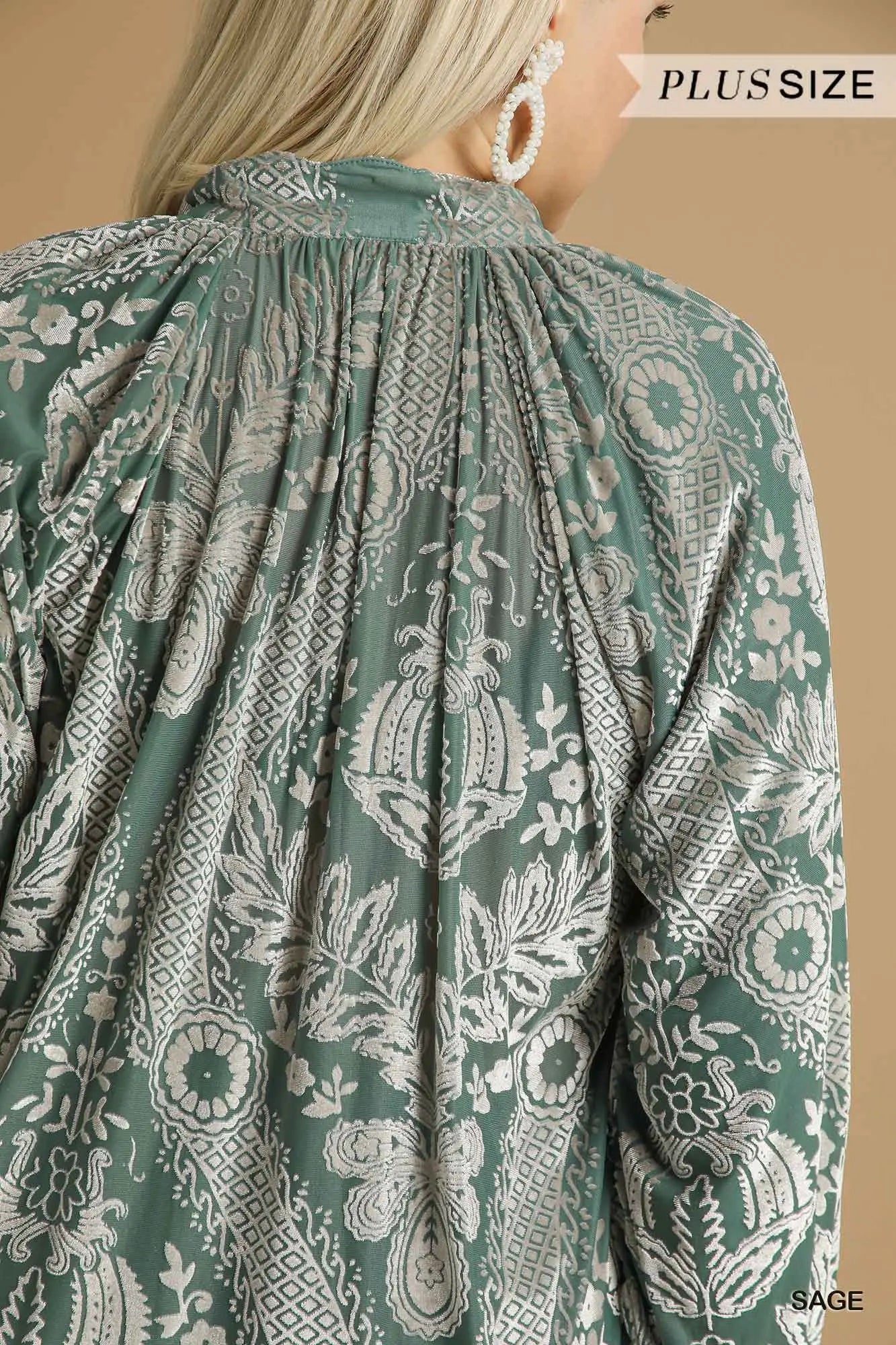 Damask Print Velvet Split Neck Top