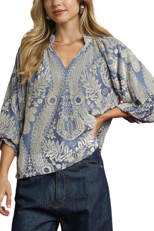 Damask Print Velvet Split Neck Top