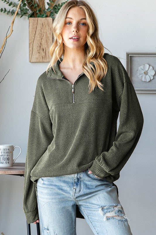 Long Solid Ribbed Hoodie with Half Zip