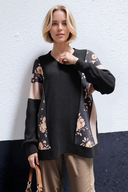 Long Sleeve Solid and Floral Ribbed Top