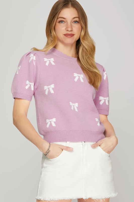 Short Sleeve Bow Pattern Sweater