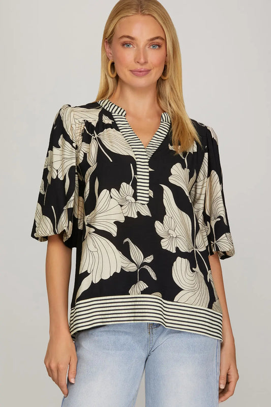 Bubble Sleeve Printed Woven Top