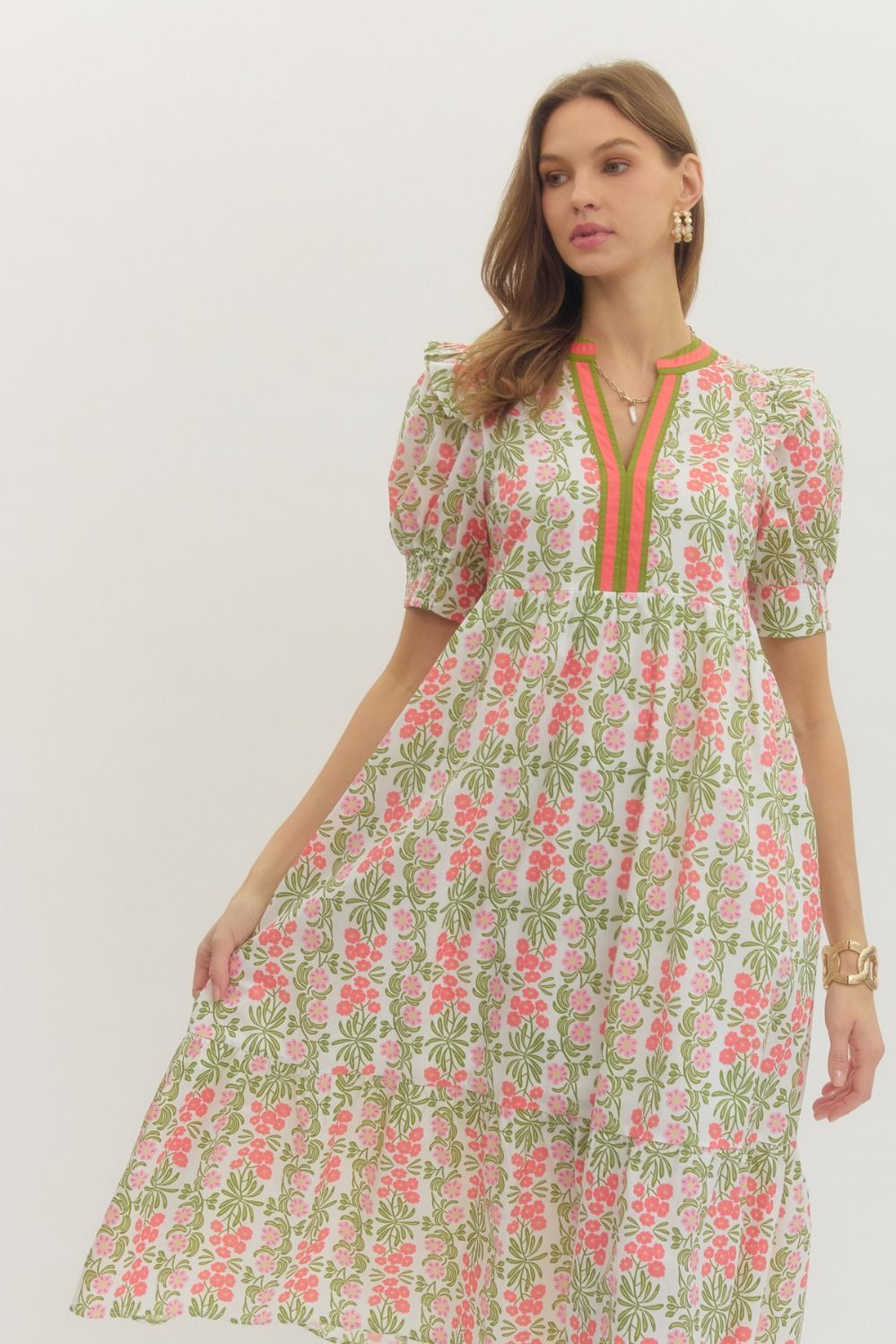 Floral Print Puff Sleeve Midi Dress