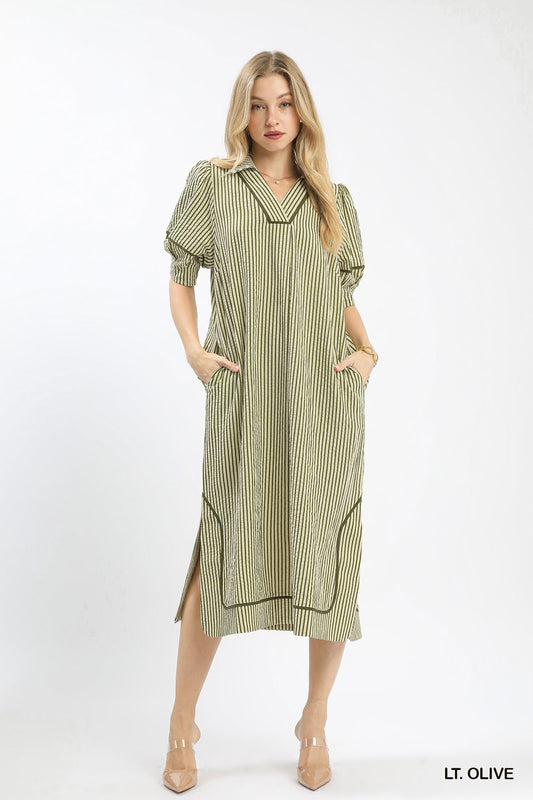 Striped Midi Dress with Puff Sleeves