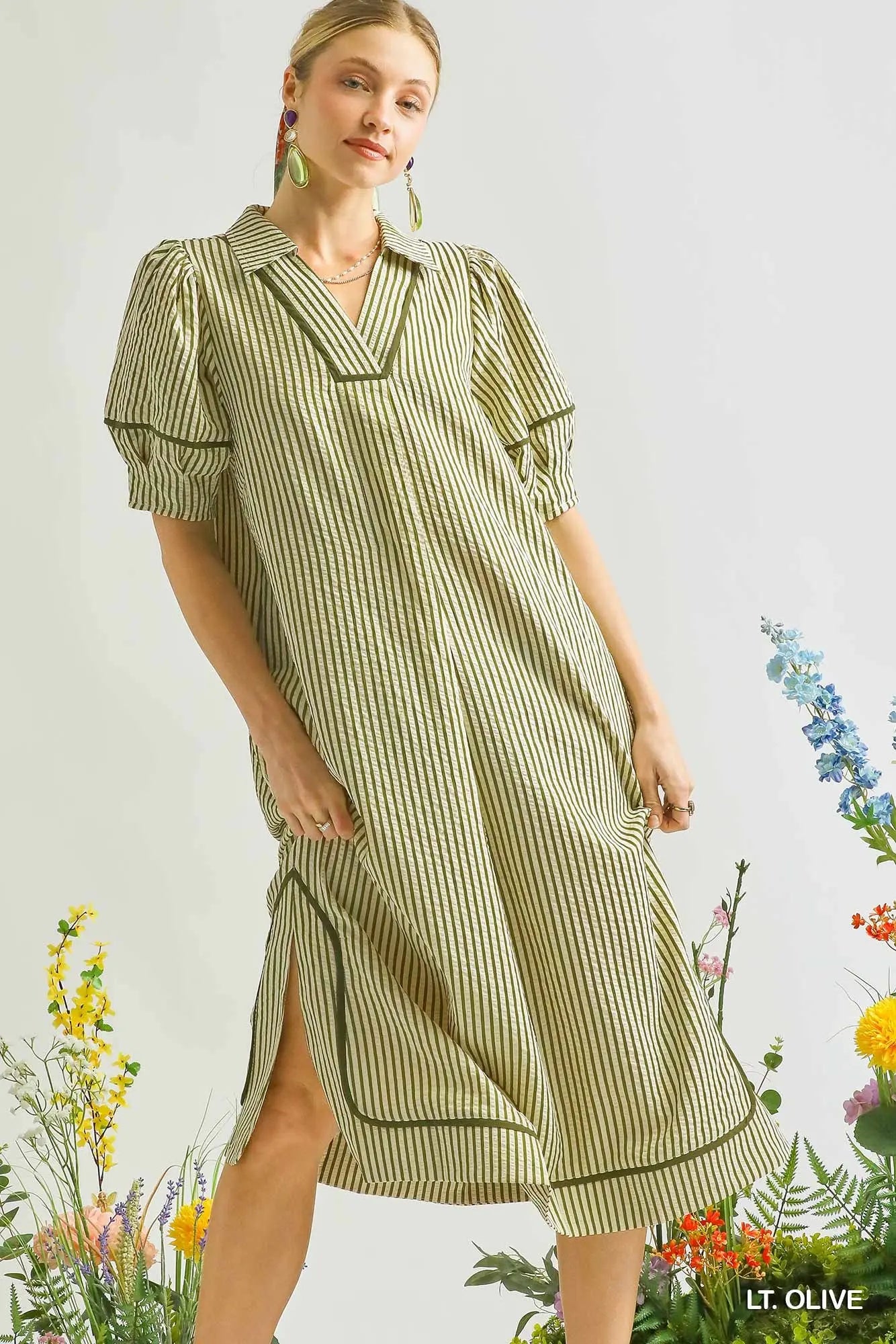 Striped Midi Dress with Puff Sleeves