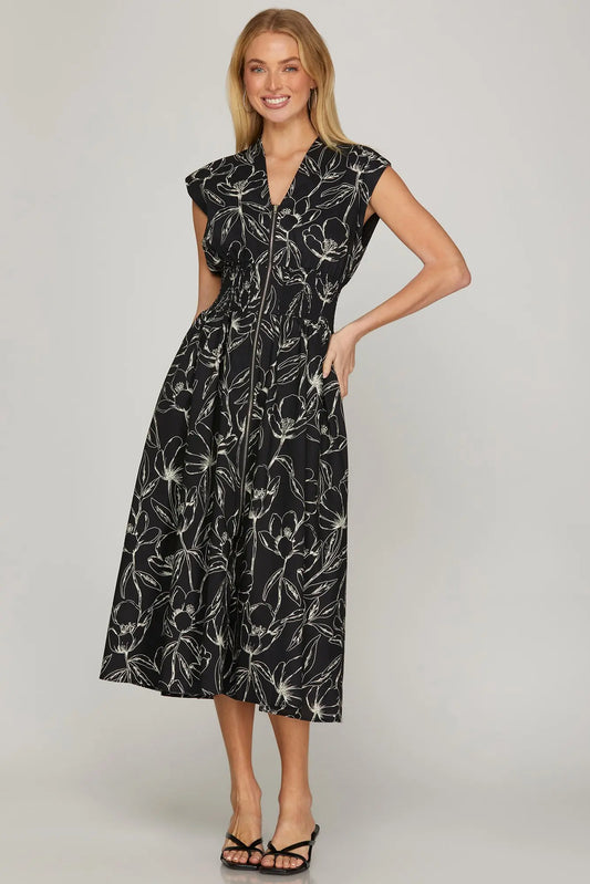 Drop Shoulder Printed Midi Dress
