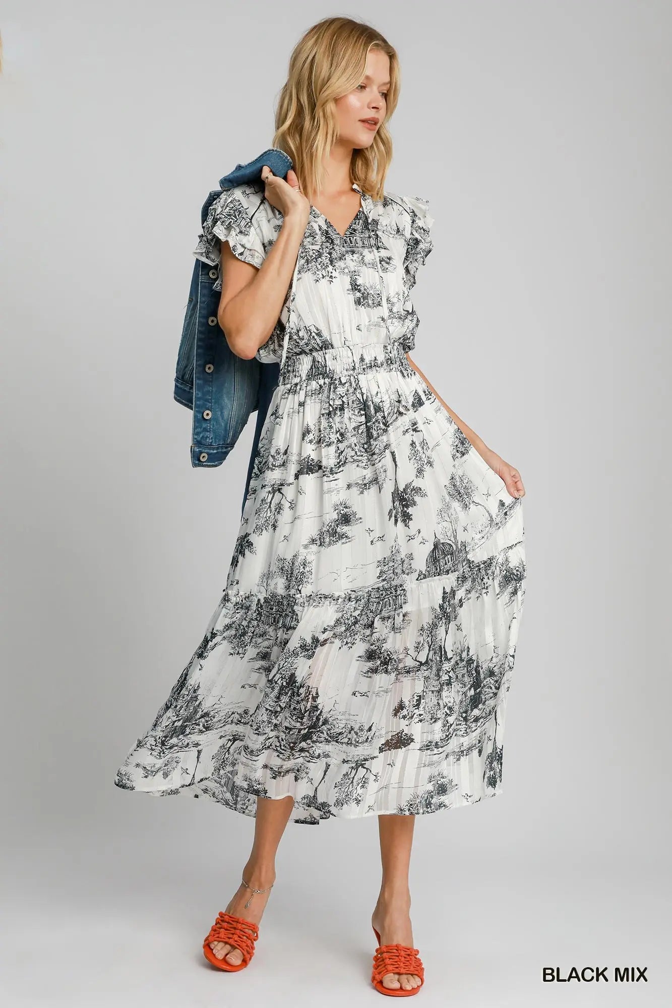 Two Tone Landscape Print Midi Dress