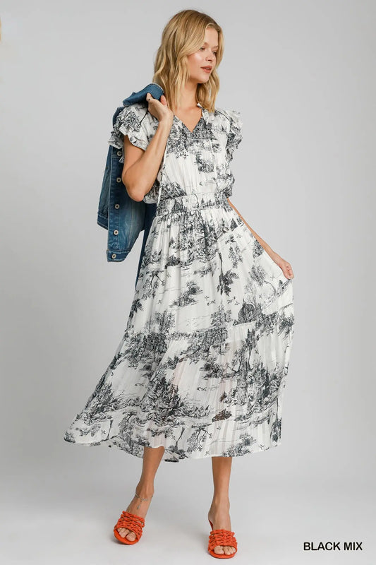 Two Tone Landscape Print Midi Dress