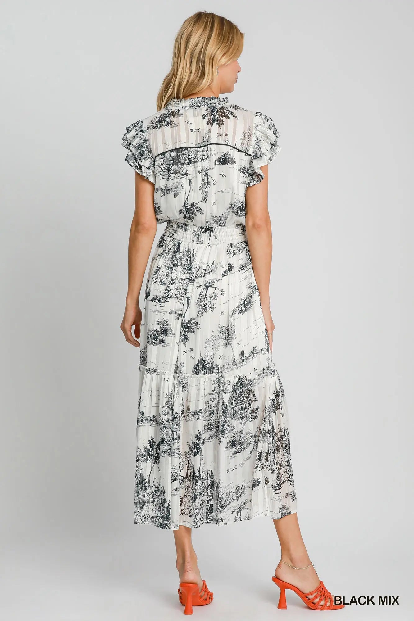 Two Tone Landscape Print Midi Dress