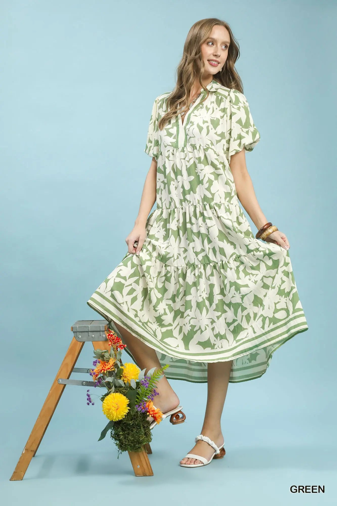 Botanical Print A Line Tiered Dress
