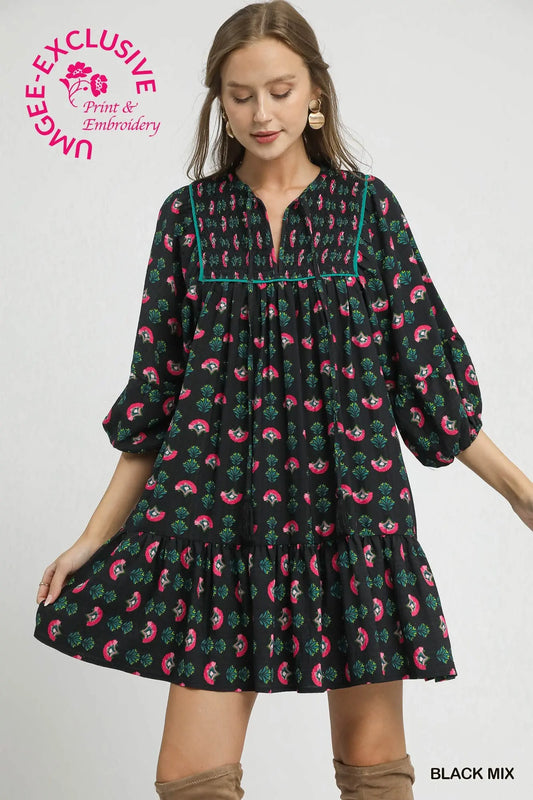 Floral Boho Mini Dress with Pink Accents