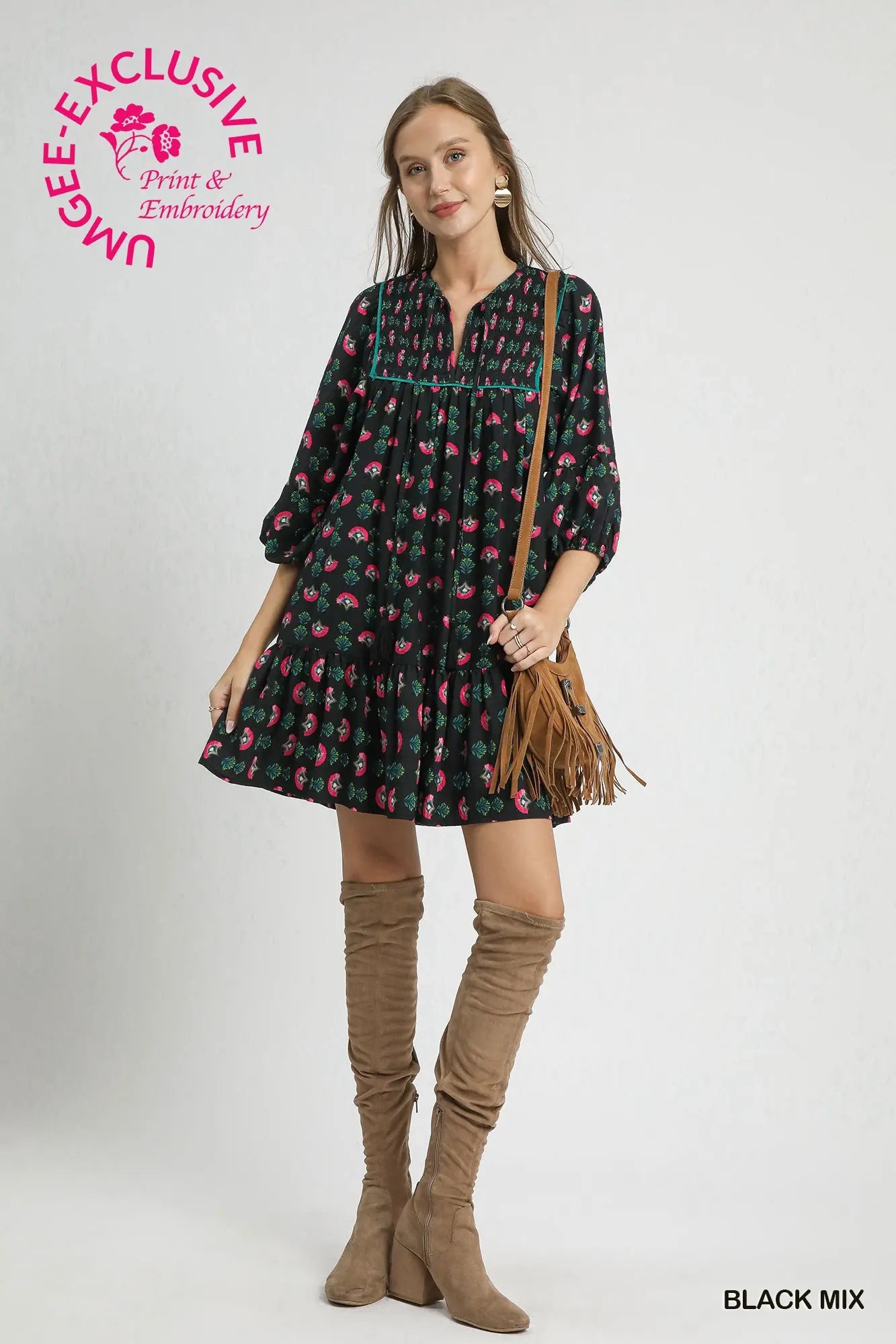 Floral Boho Mini Dress with Pink Accents