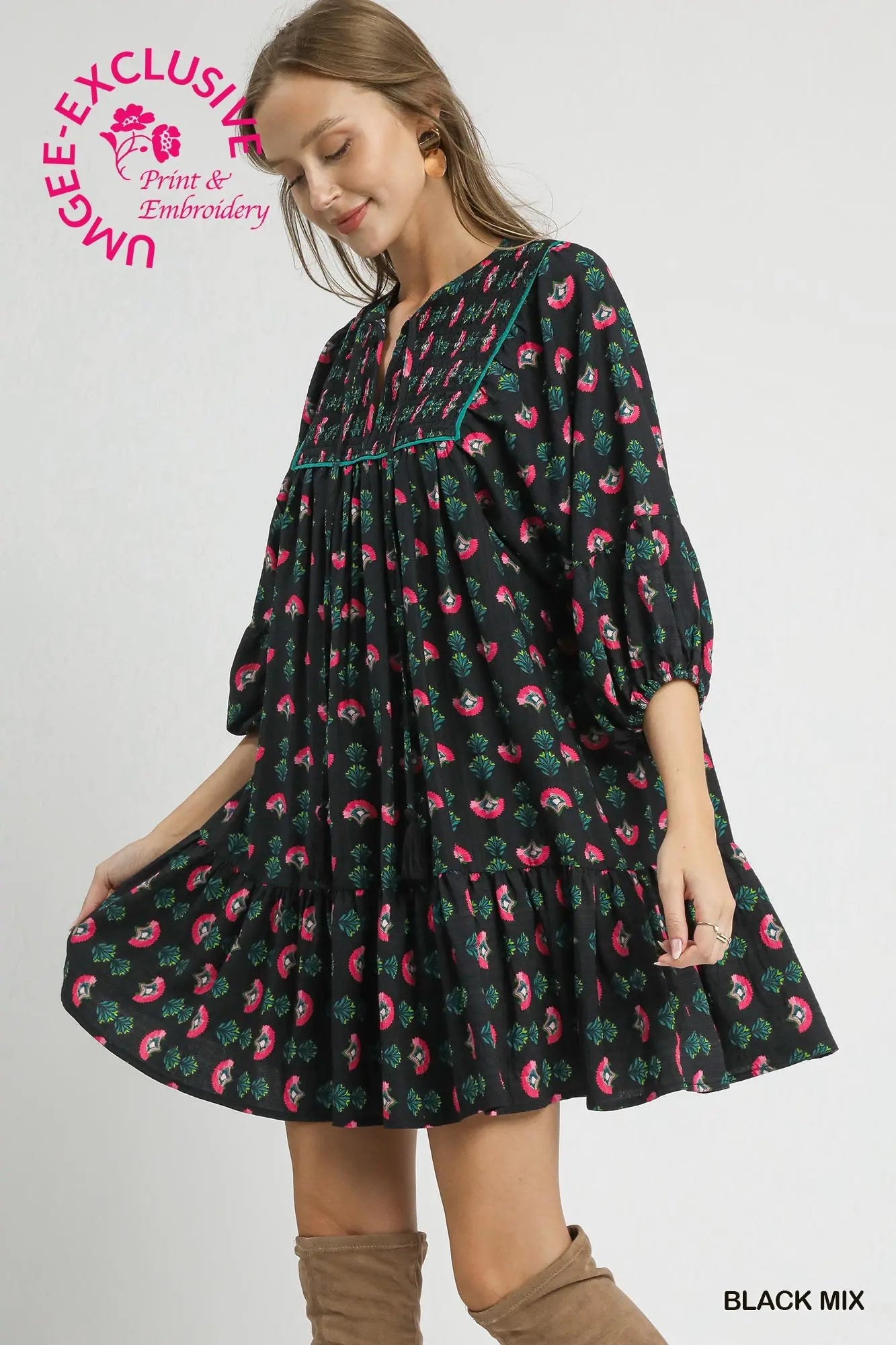 Floral Boho Mini Dress with Pink Accents