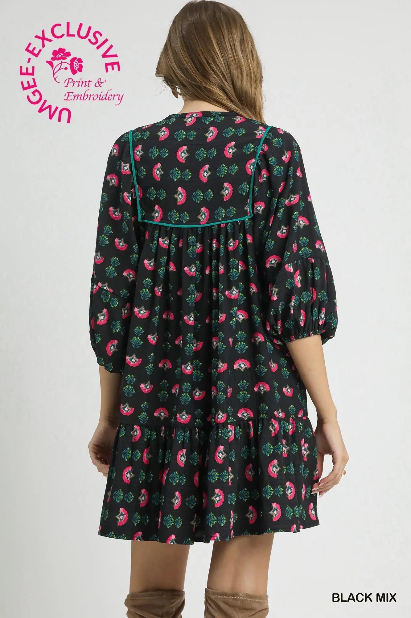 Floral Boho Mini Dress with Pink Accents