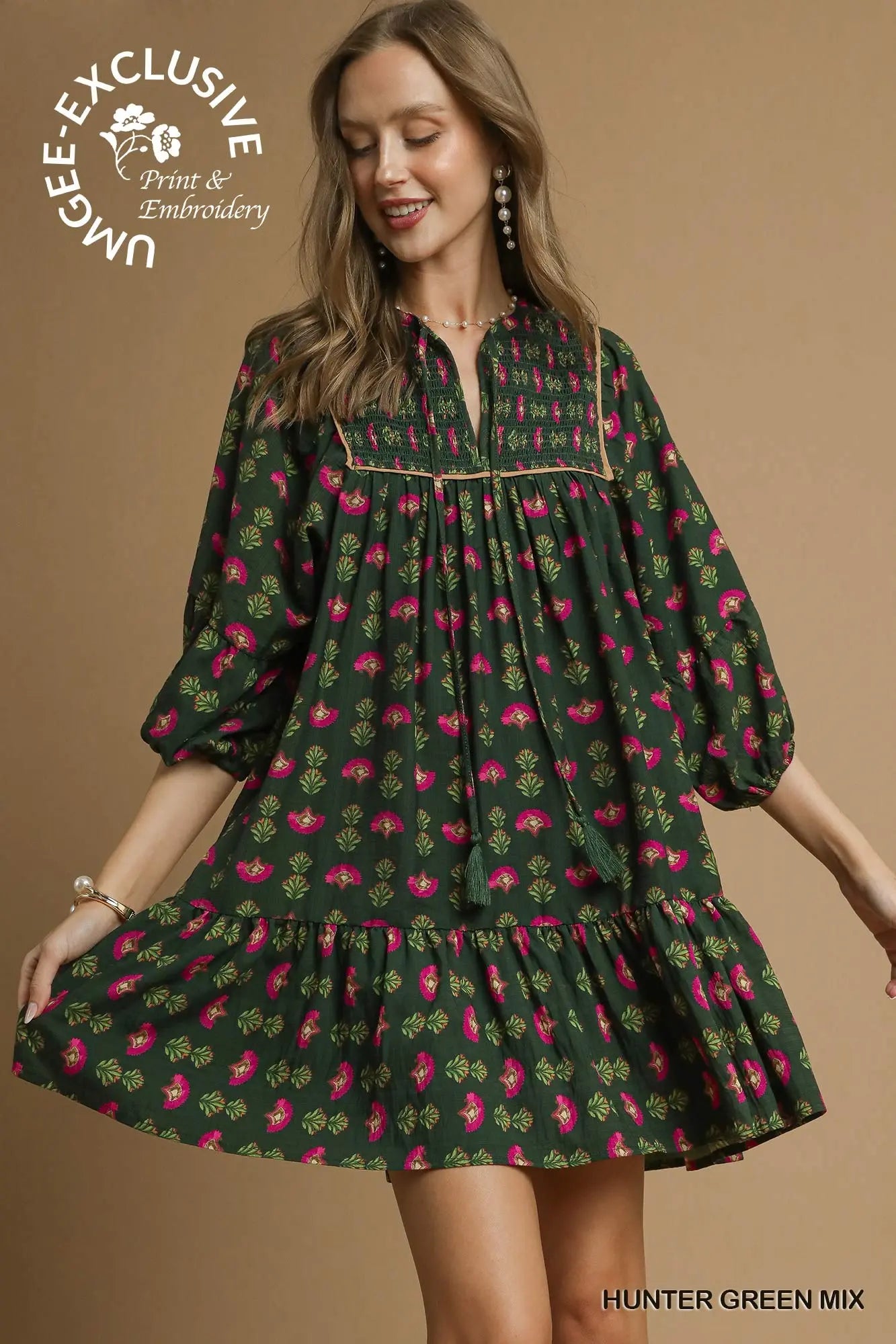 Floral Boho Mini Dress with Pink Accents