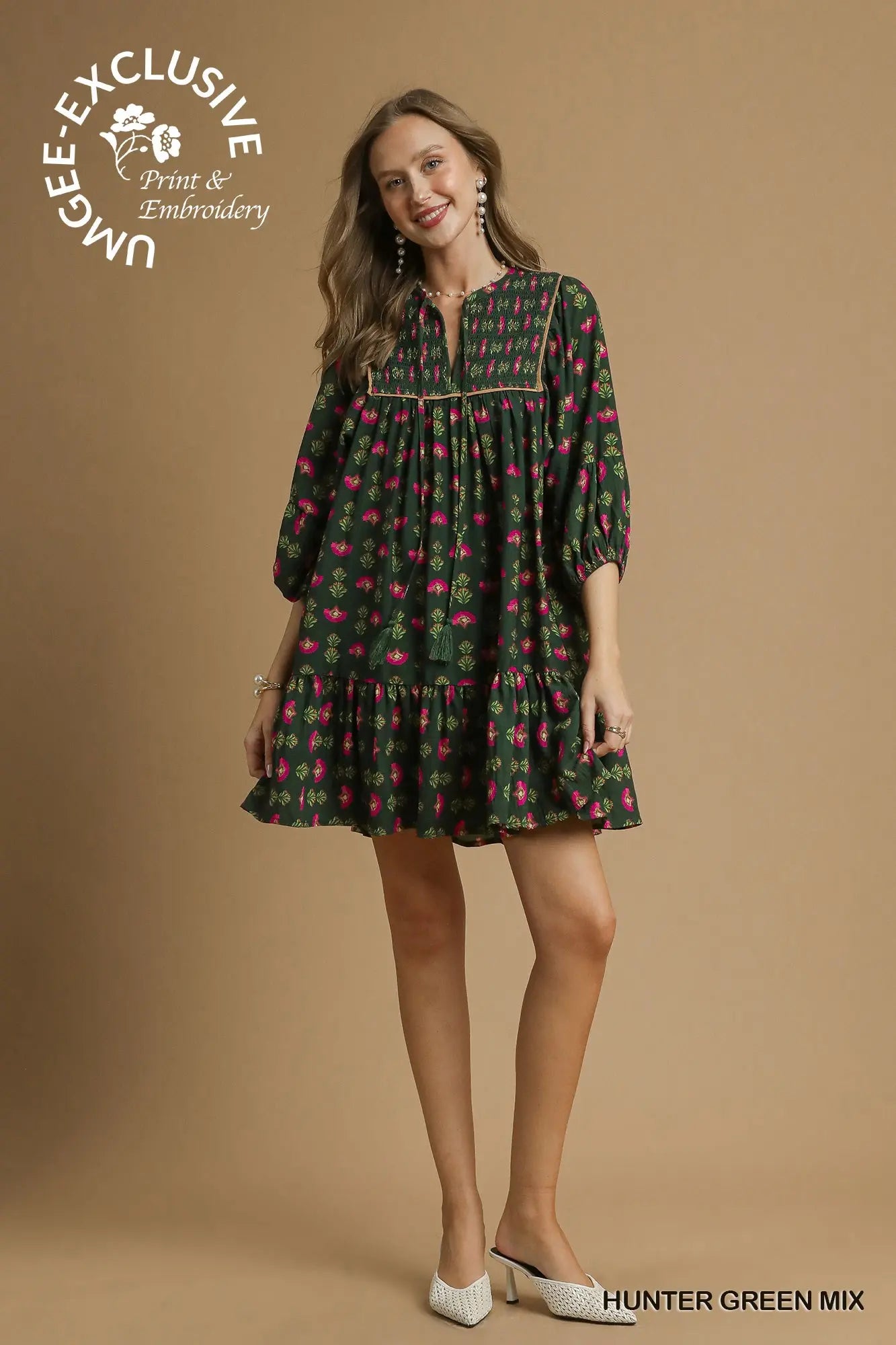 Floral Boho Mini Dress with Pink Accents