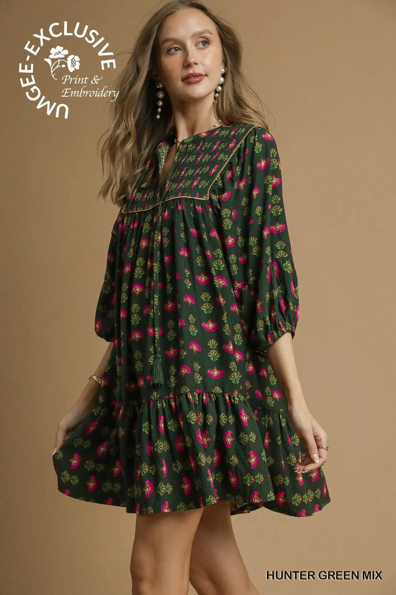 Floral Boho Mini Dress with Pink Accents