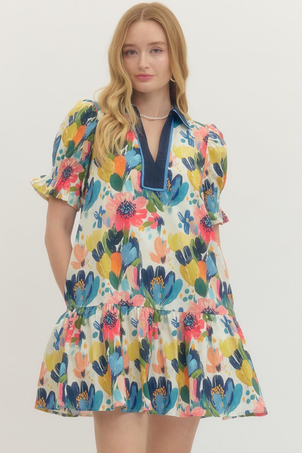 Floral Print Short Puff Sleeve Mini Dress