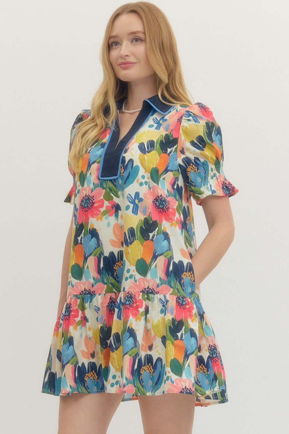 Floral Print Short Puff Sleeve Mini Dress
