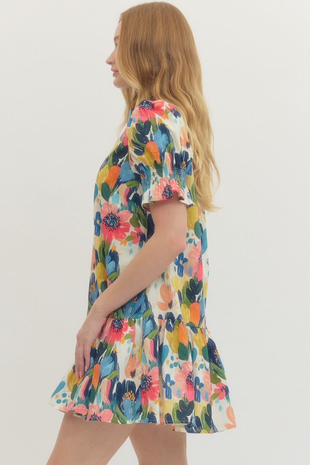 Floral Print Short Puff Sleeve Mini Dress