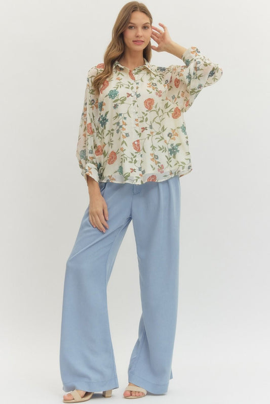 Floral Print Long Sleeve Top with Buttoned Cuffs