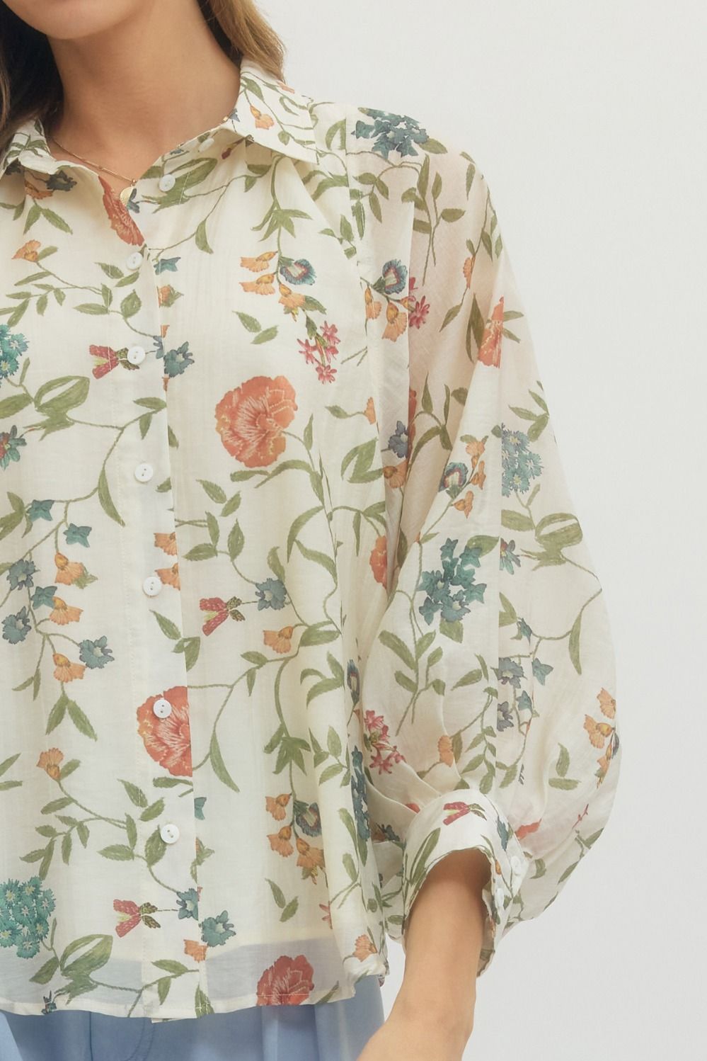 Floral Print Long Sleeve Top with Buttoned Cuffs