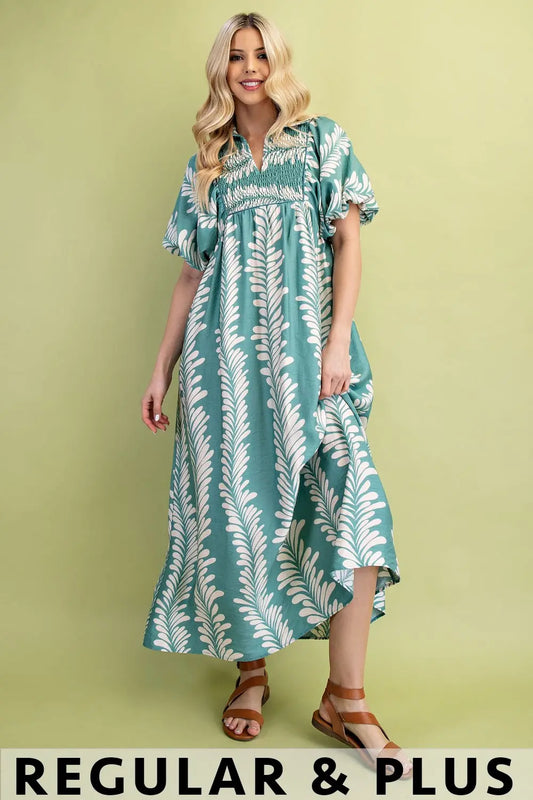 Printed Short Puff Sleeve Midi Dress