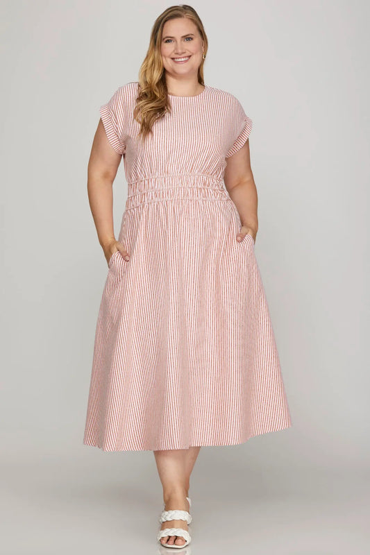Drop Shoulder Striped Midi Dress with Pockets