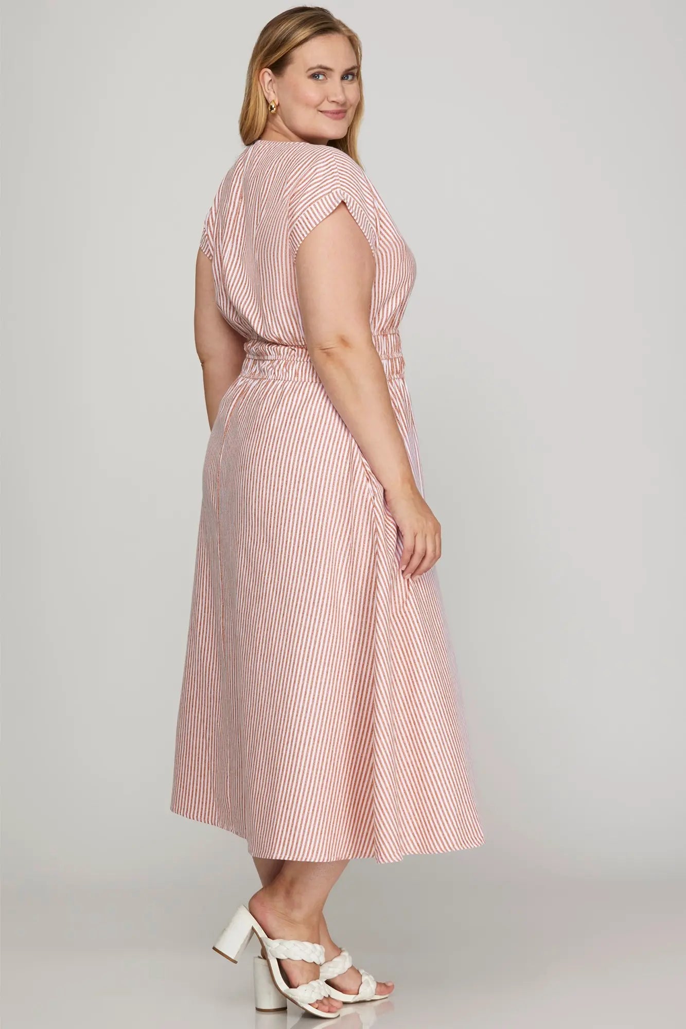 Drop Shoulder Striped Midi Dress with Pockets