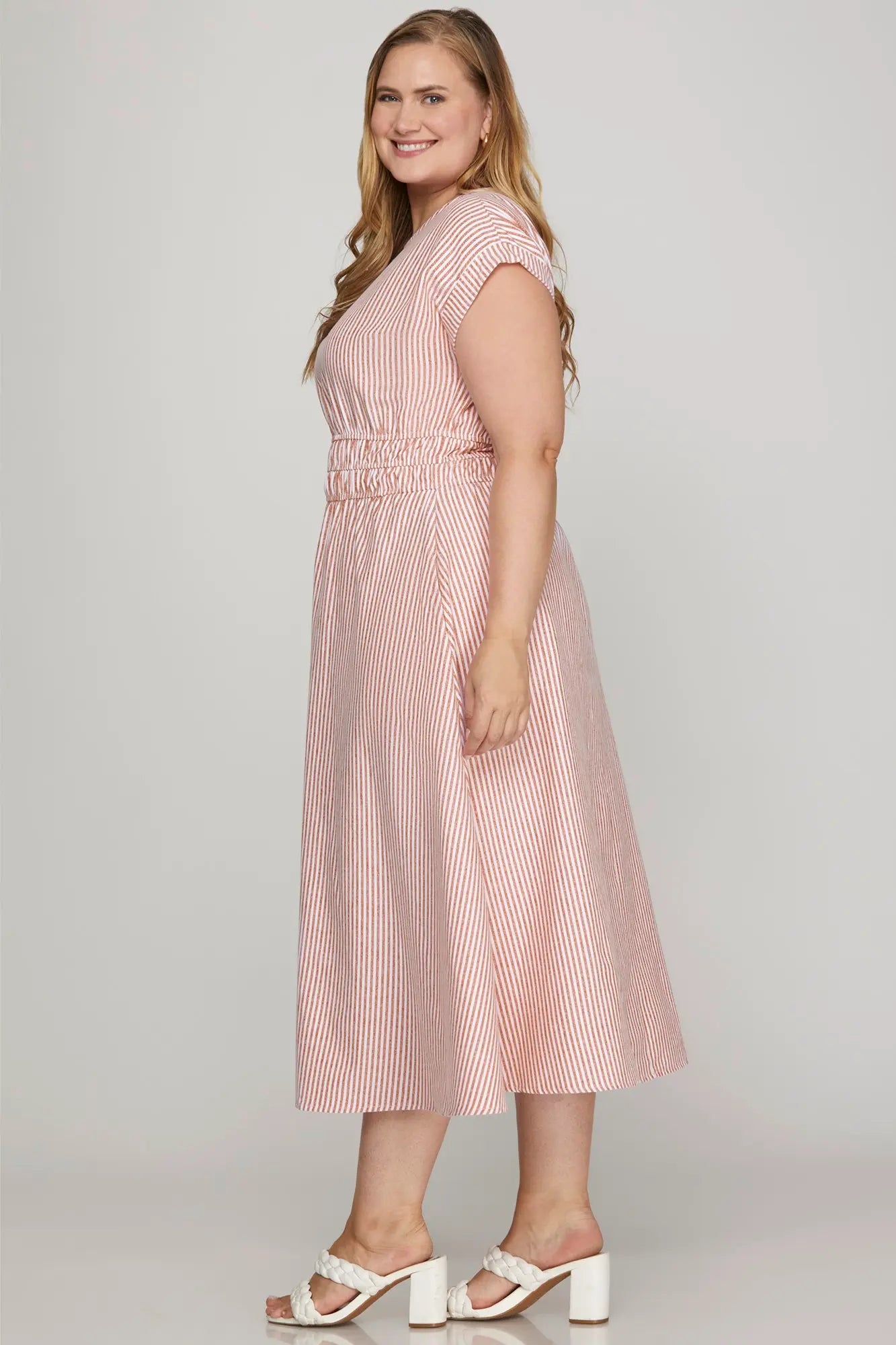 Drop Shoulder Striped Midi Dress with Pockets
