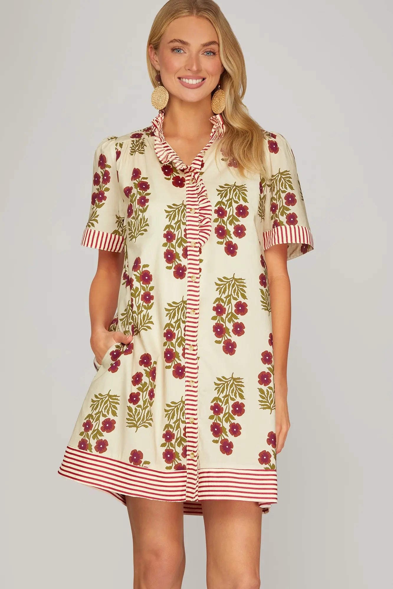 Short Sleeve Ruffled Neck Mini Dress