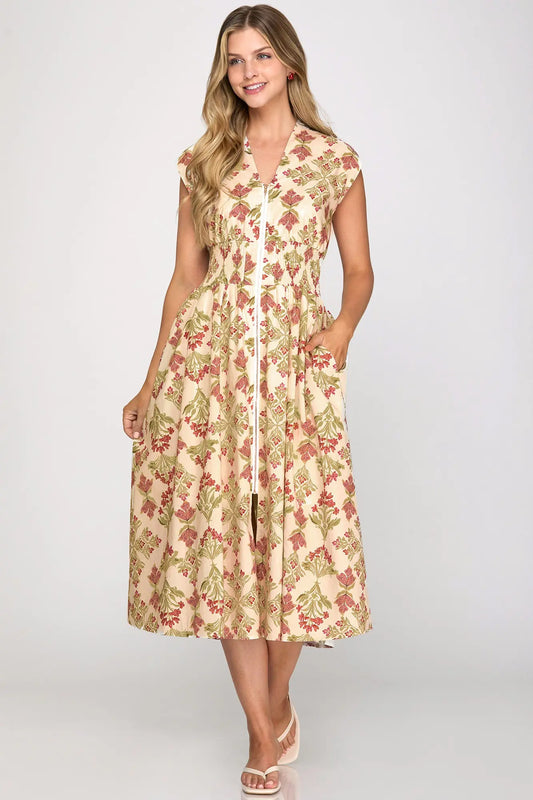Drop Shoulder Printed Midi Dress with Pockets