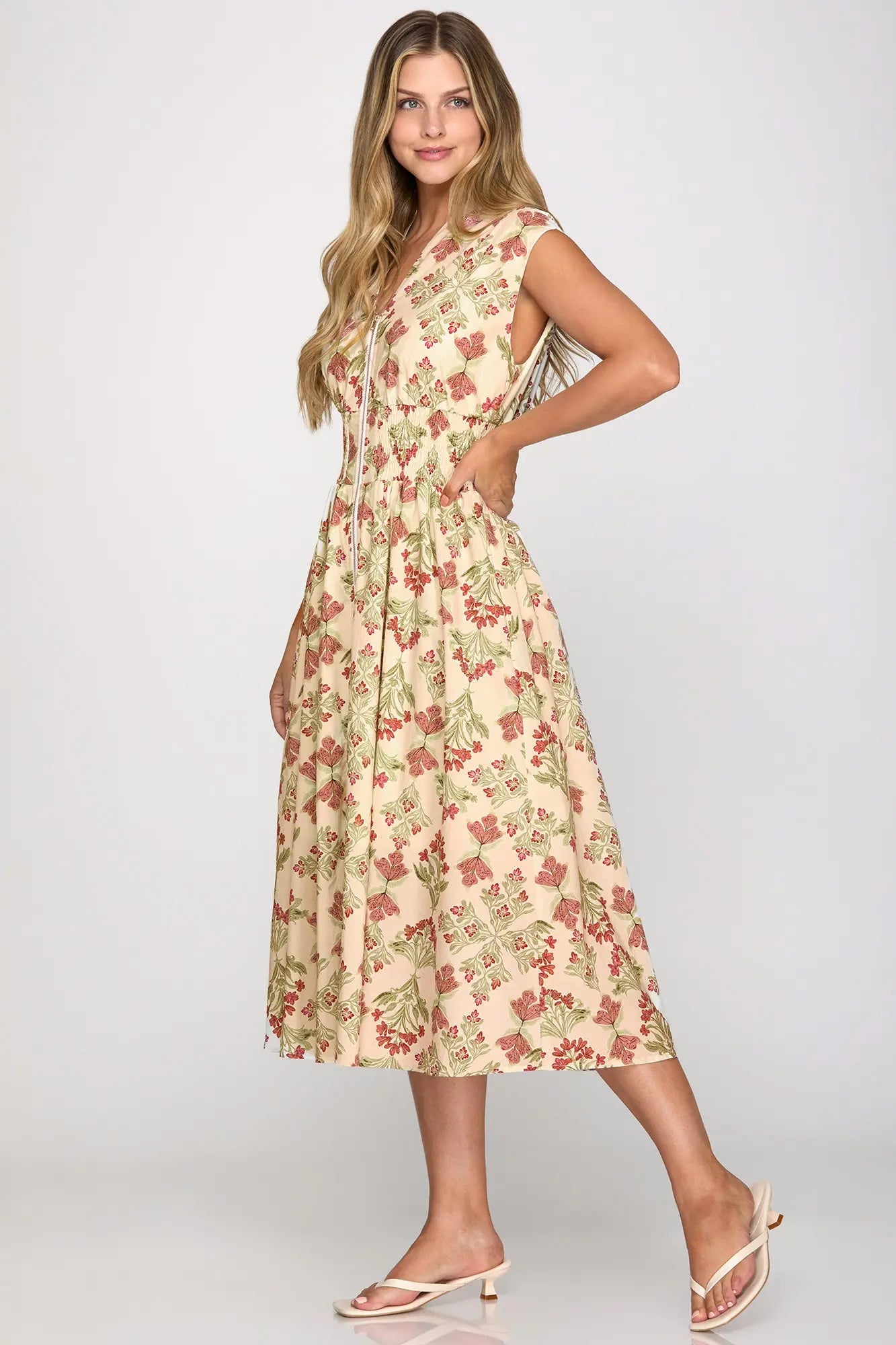 Drop Shoulder Printed Midi Dress with Pockets