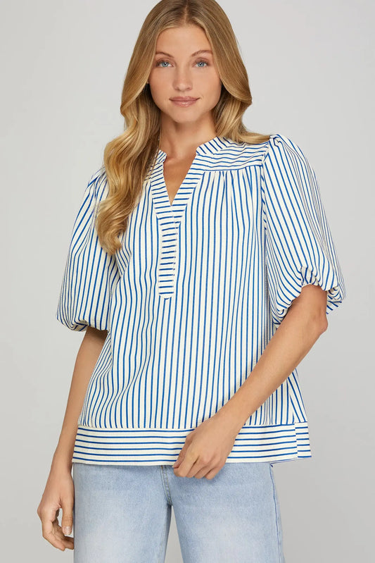 Bubble Sleeve Striped Woven Top