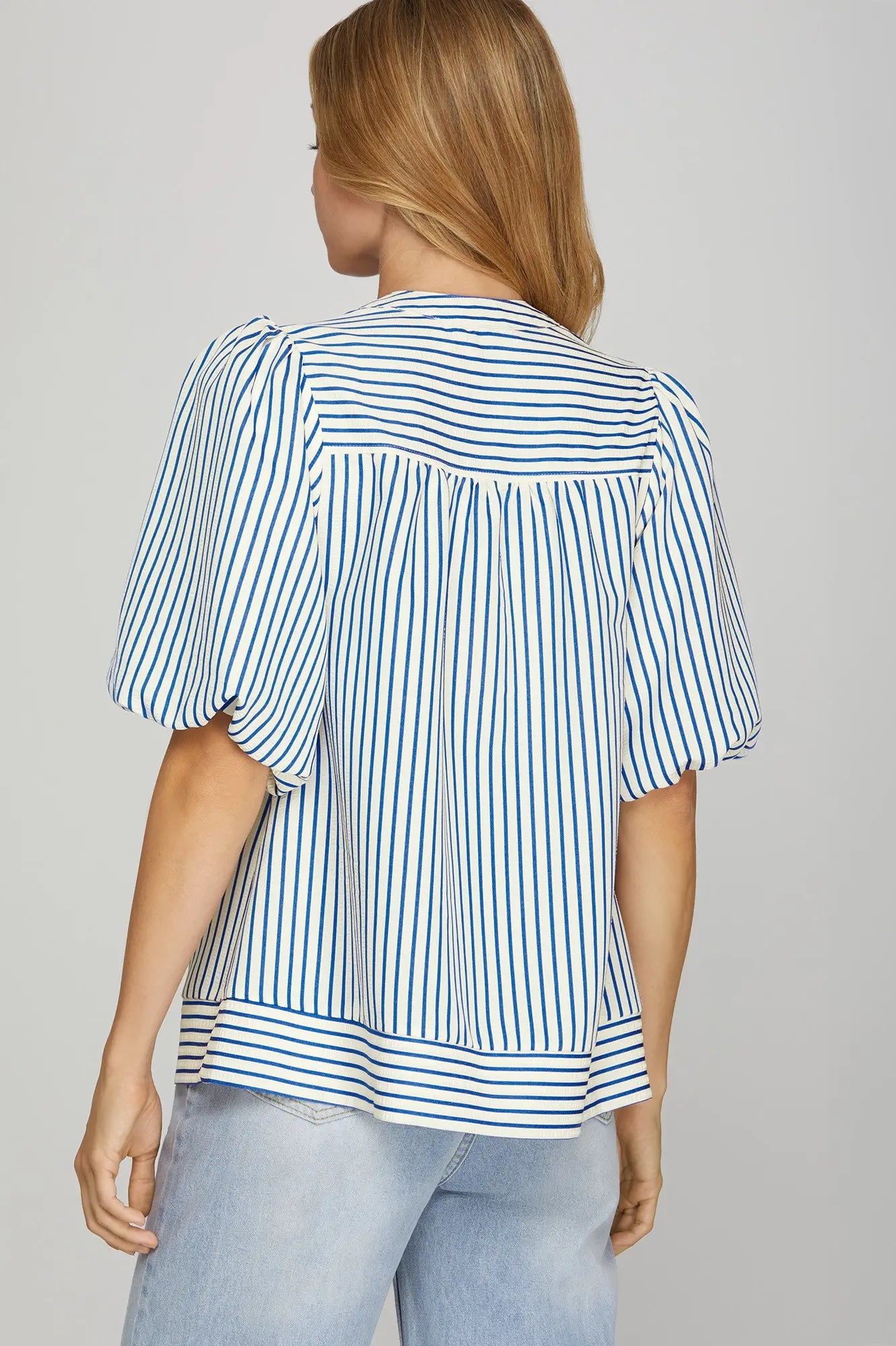 Bubble Sleeve Striped Woven Top
