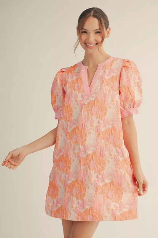 Floral Puff Sleeve Floral Jacquard Dress