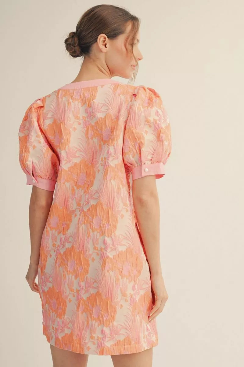 Floral Puff Sleeve Floral Jacquard Dress