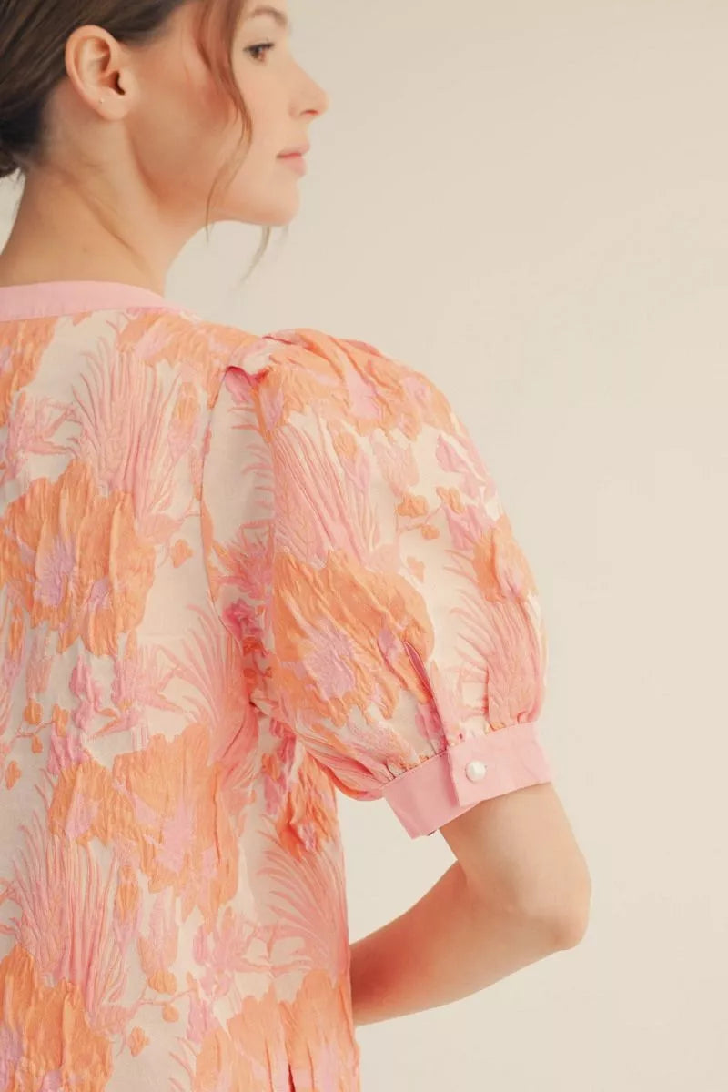 Floral Puff Sleeve Floral Jacquard Dress