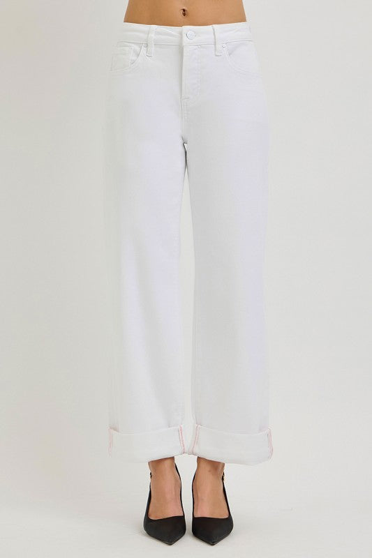 Cropped Wide Cuffed Hem Denim Jeans