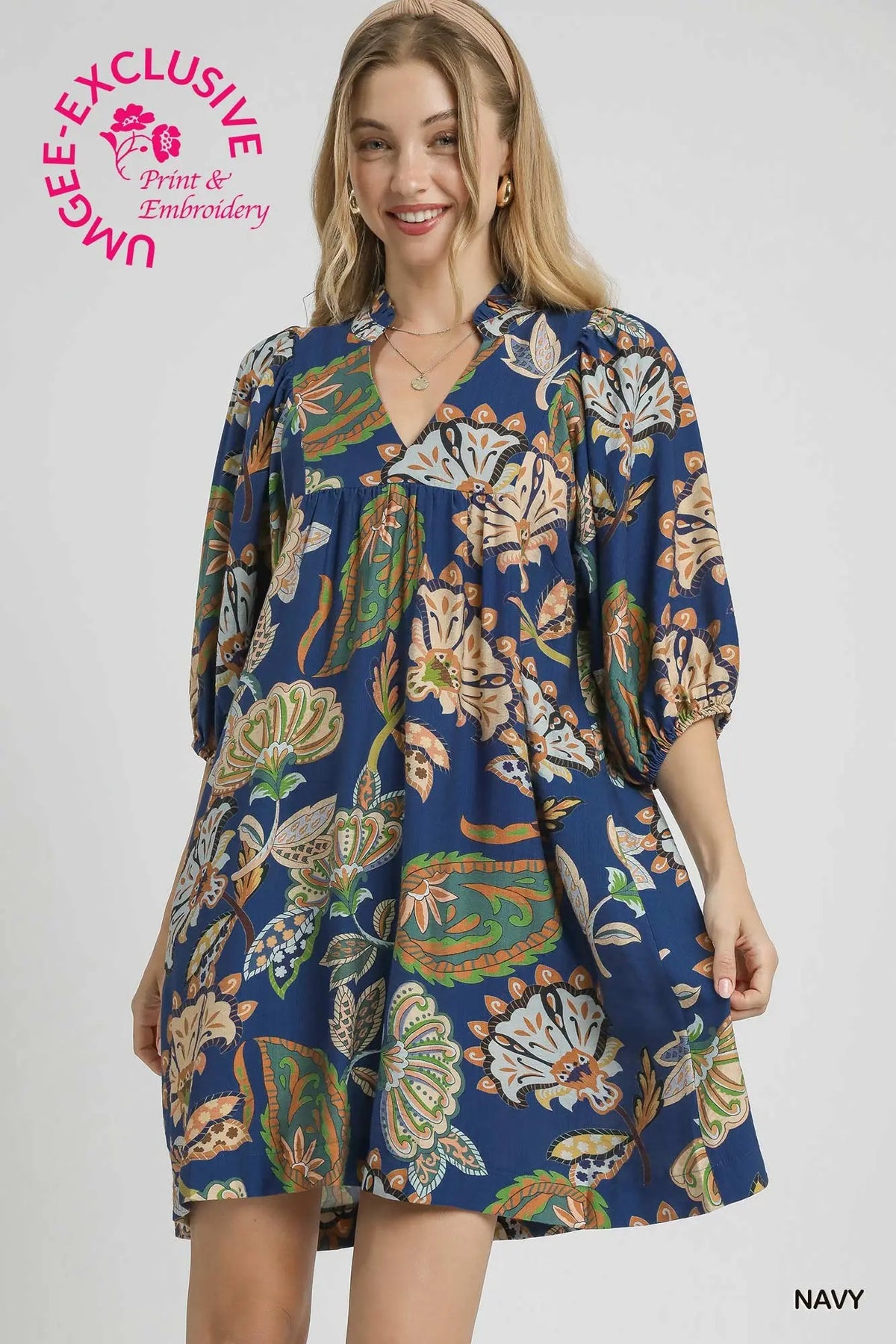 Abstract Print Puff Sleeve Babydoll Dress