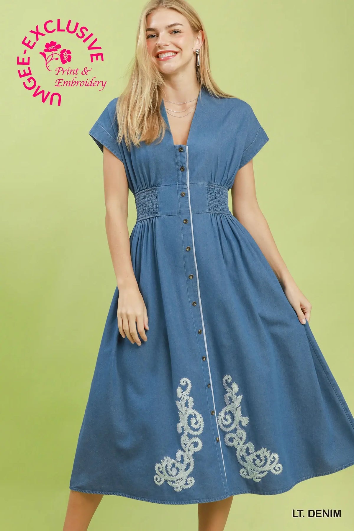 Embroidered Chambray Midi Dress