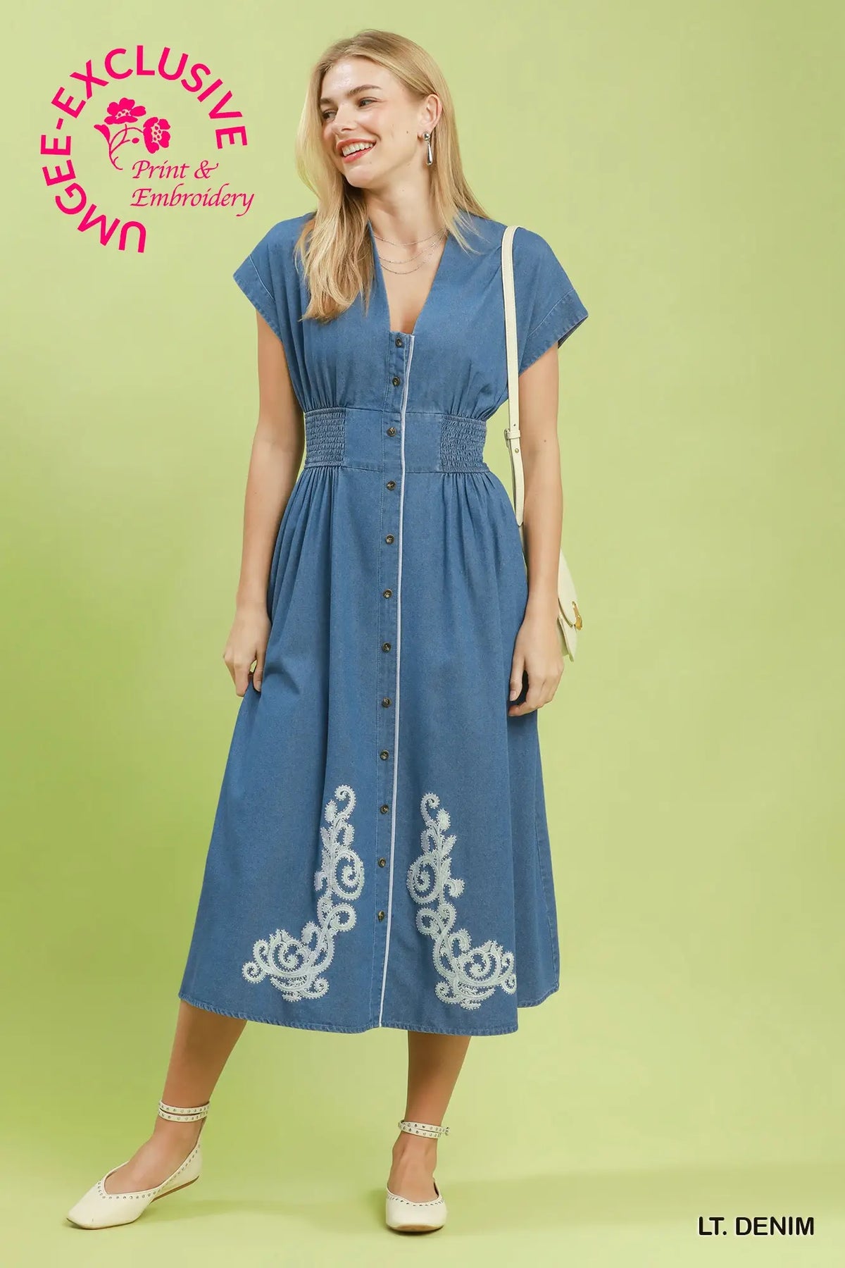 Embroidered Chambray Midi Dress