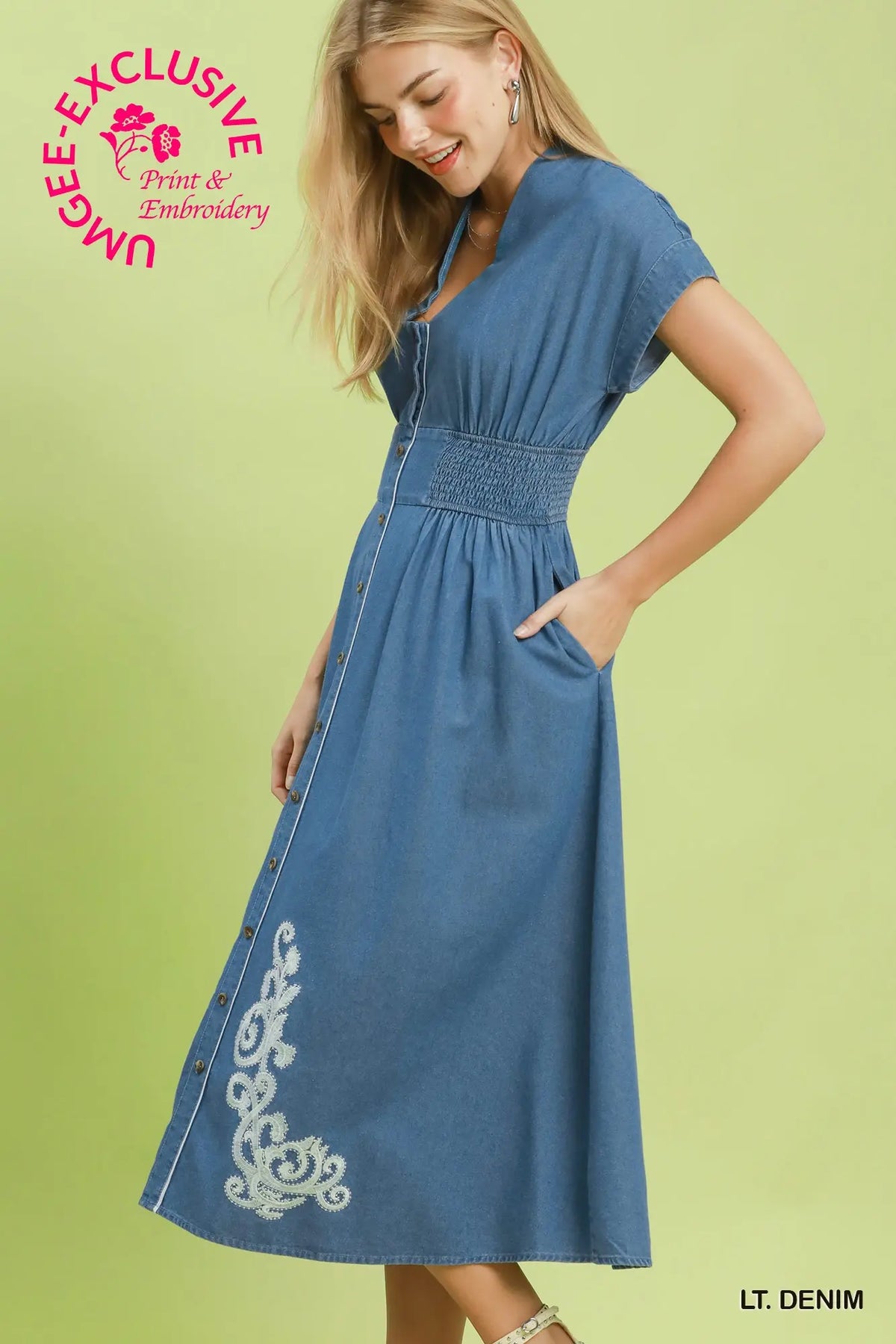 Embroidered Chambray Midi Dress