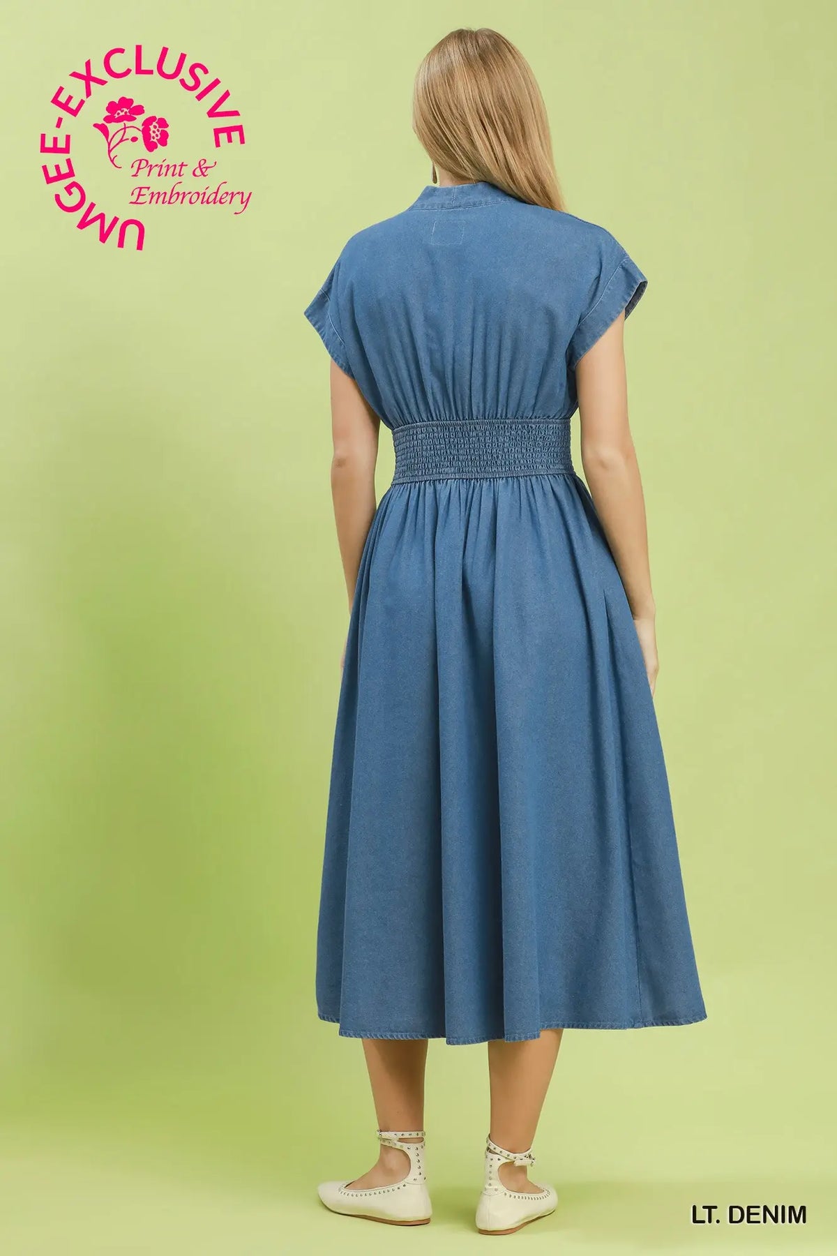 Embroidered Chambray Midi Dress