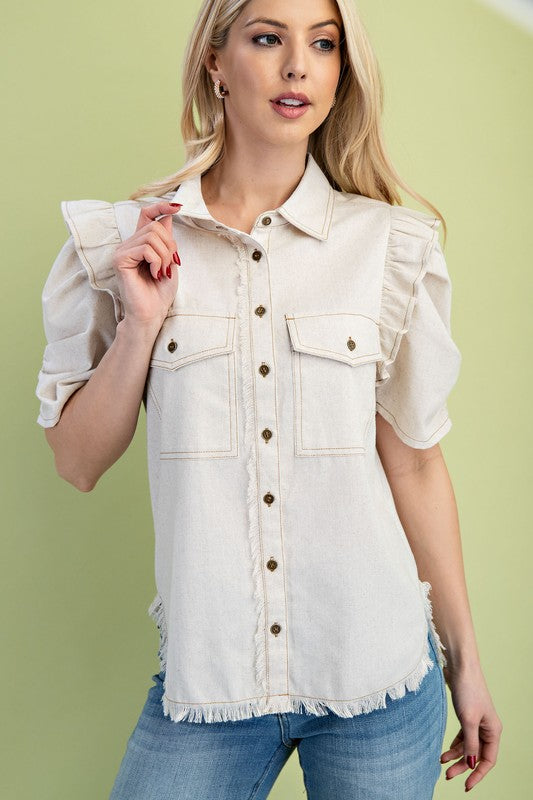 Ruffled Gathered Sleeve Button Up Top