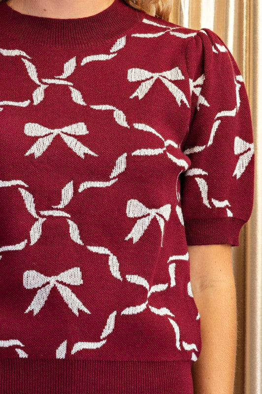 Bow Print Short Sleeve Sweater