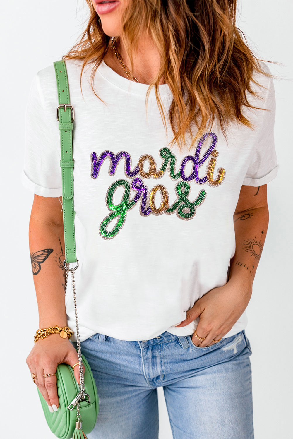 White Sequin mardi gras Letter Print Crewneck Tee