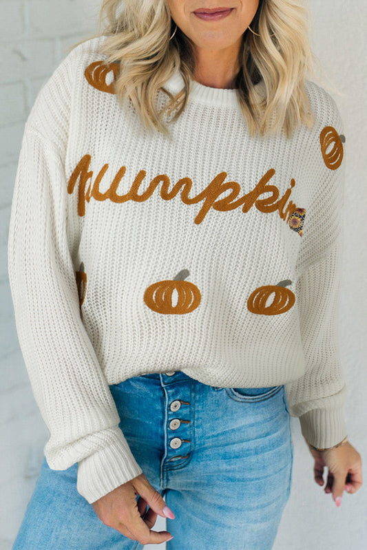 White Crochet Pumpkin Drop Shoulder Sweater